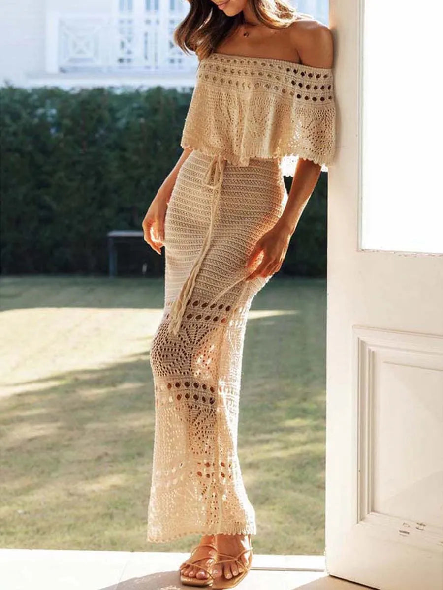 Boho Beach Style Embroidered Off Shoulder Knit Maxi Dress