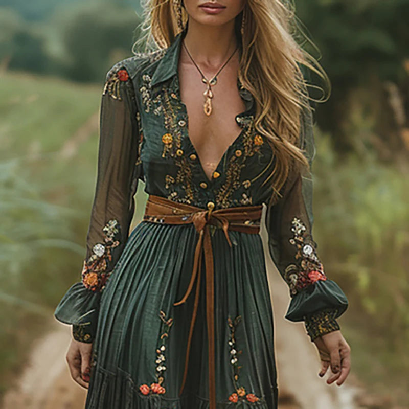 A. Vintage Boho Floral Print Indie Folk V-neck Long Dress With High Waist, Loose Bohemian Maxi Dress
