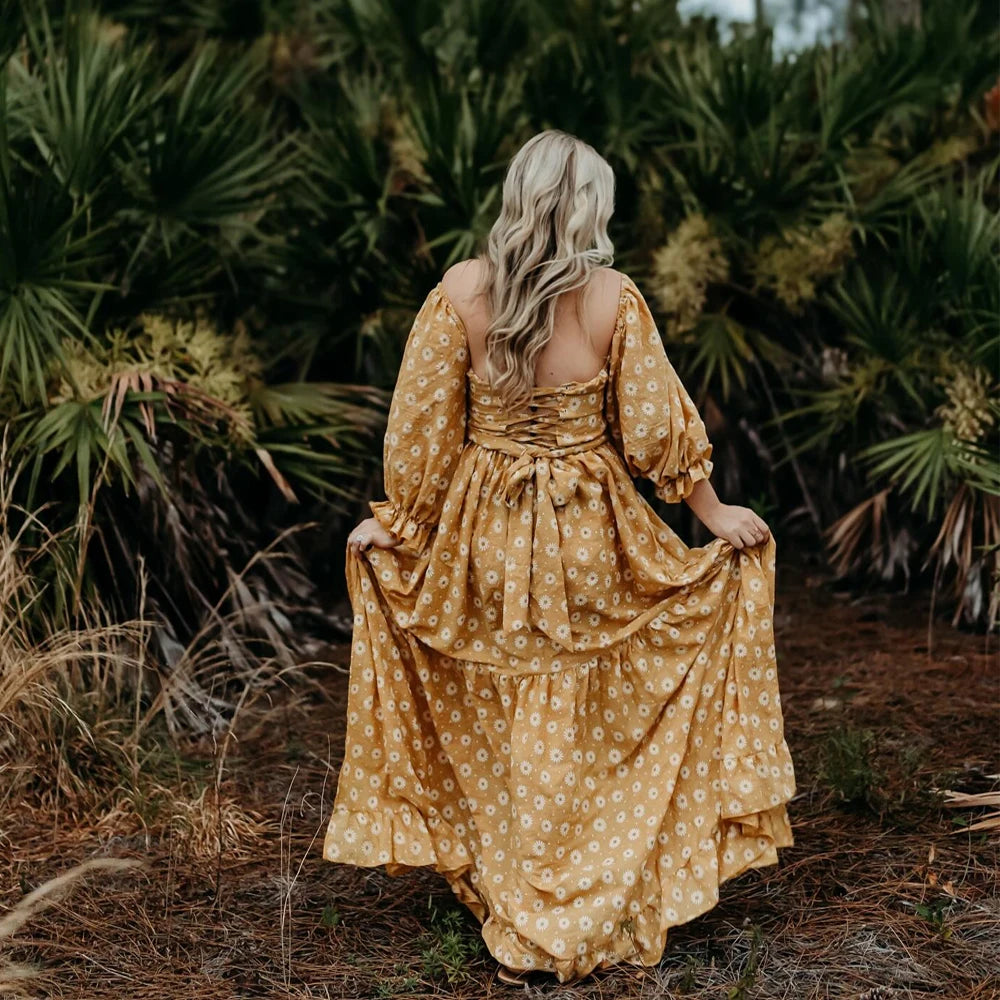 Daisy Printed Cotton Long Sleeved Retro Style Maternity Dress For Photography or Baby Shower Dress