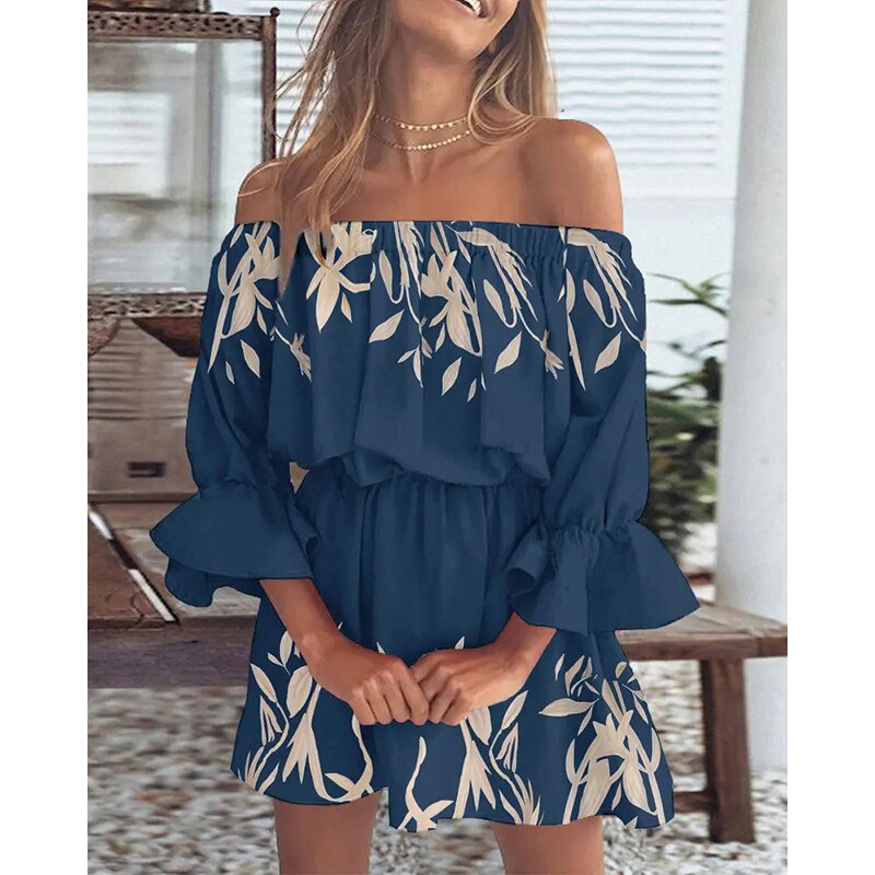 Boho Off The Shoulder Floral, Lace-Up Tunic Style Dress with Flare Batwing Sleeve