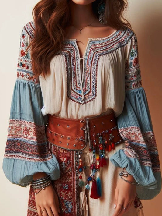 Lantern Sleeves Boho Blouse With Floral Pattern, Drawstring and O Neck Hollow Patterned