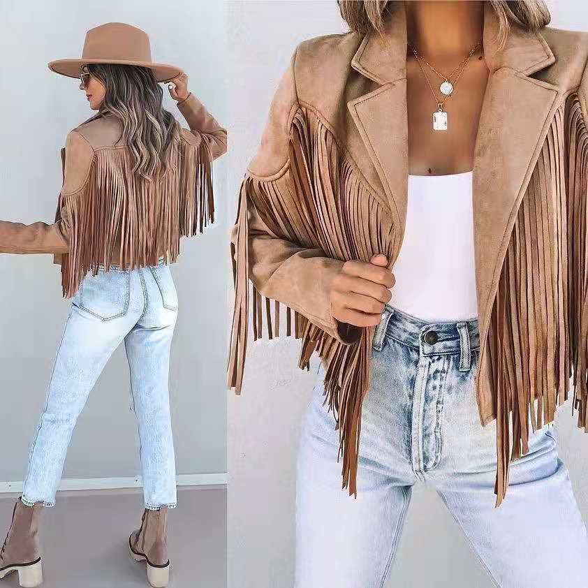 Women's 90s Vintage Streetwear Y2k Fringed Hem and Tassel Long Sleeve Fashion Motor Biker Style Jacket in Suede Leather