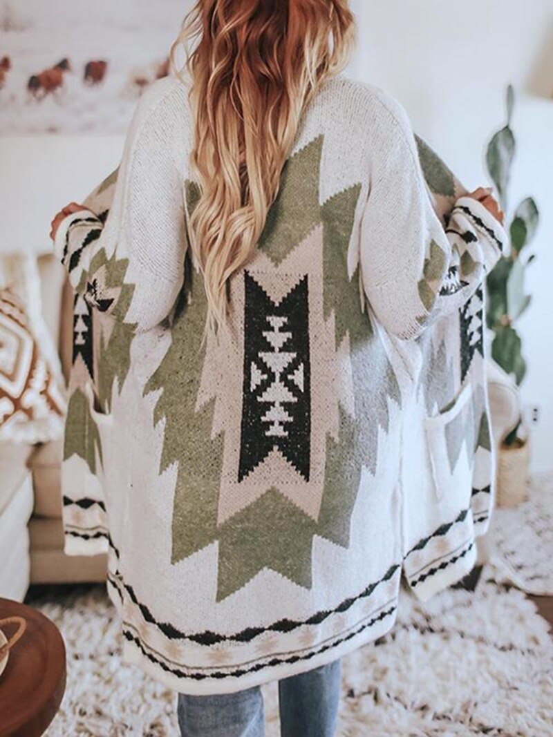 Winter Tribal Printed Casual Loose Long Sleeve Cardigan with V-neck. Trench Coat Style.