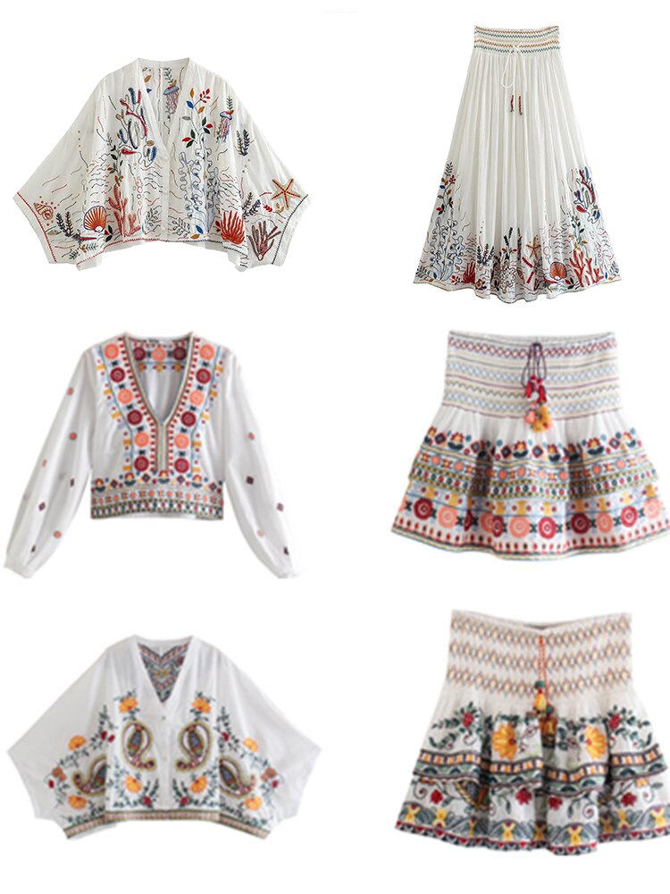 Gypsy Embroidered Paisley Printed Skirt and Blouse Sets with Batwing Sleeve and V-Neck Button Tiered Mini Skirt