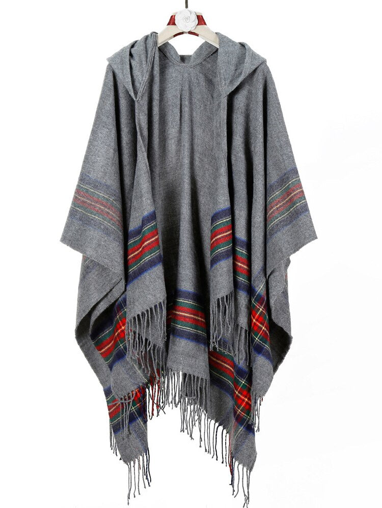 Winter Gypsy/ Boho Knitted Poncho with Hood and Tassels