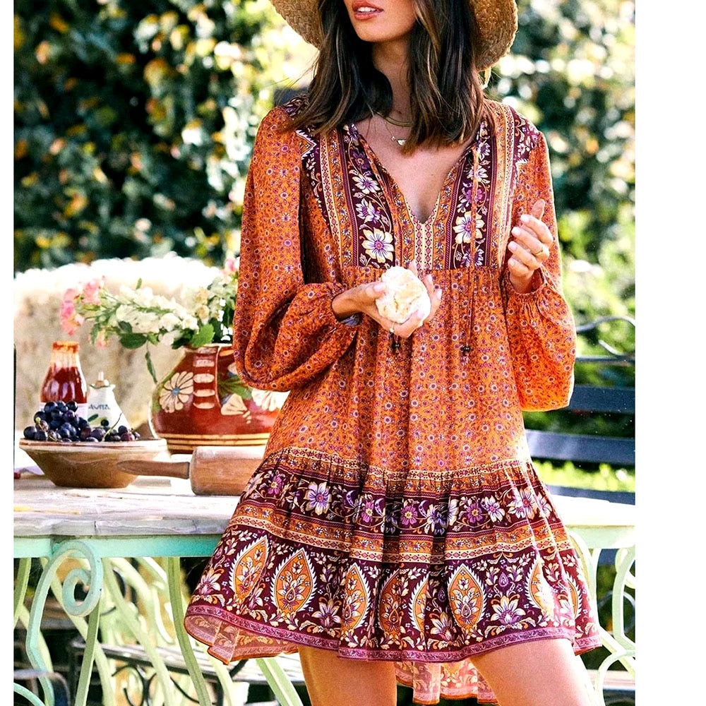 Gypsy/ Boho Floral Mini Dress with Long Sleeves. Tie Up V-neck with Ruffles