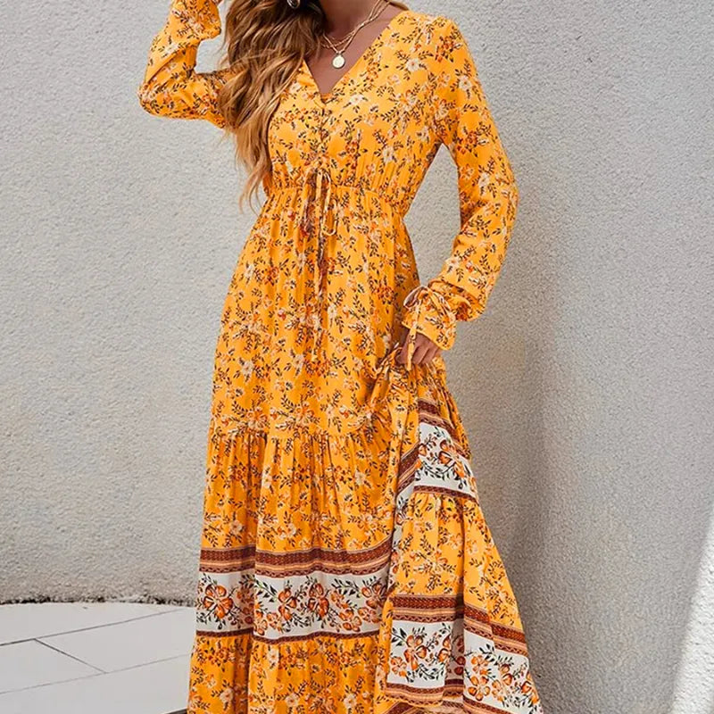 Bohemian Floral Printed Maxi Sundress with V-Neck and Loose Long Sleeves