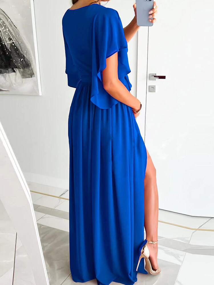 Garden Party Maxi Dress with Deep V-Neck and Side High Slit Pleat Tie-up with Elegant Flared Short Sleeve