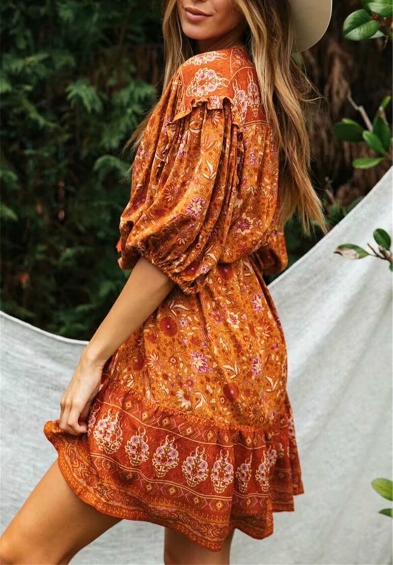 A. Boho Orange Floral Printed Mini Dress with Lantern Sleeve and Tassel