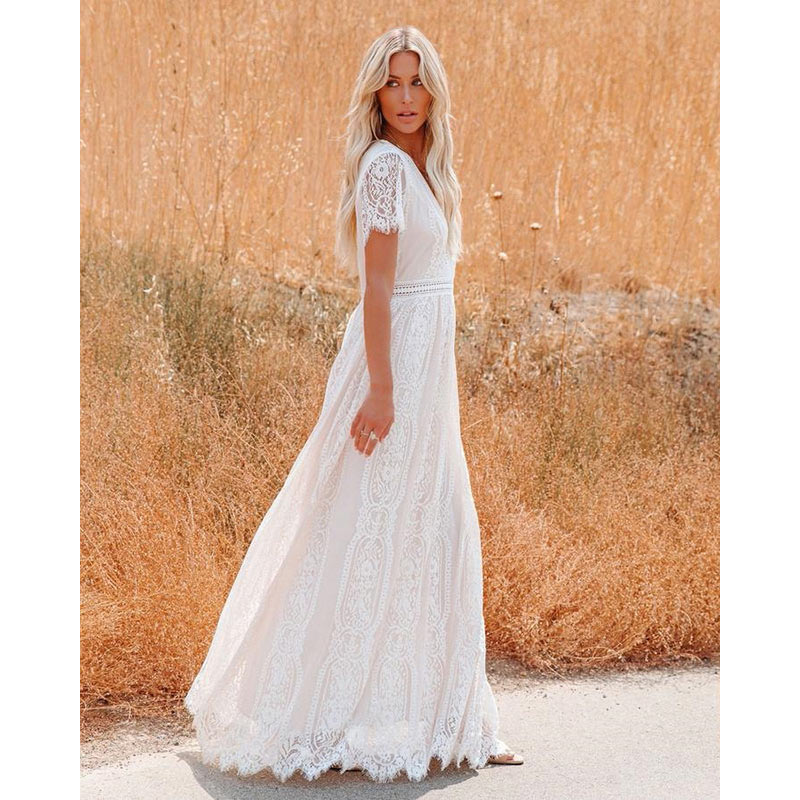 Bohemian Maxi Dress with Short Sleeves and Loose Deep V-Neck