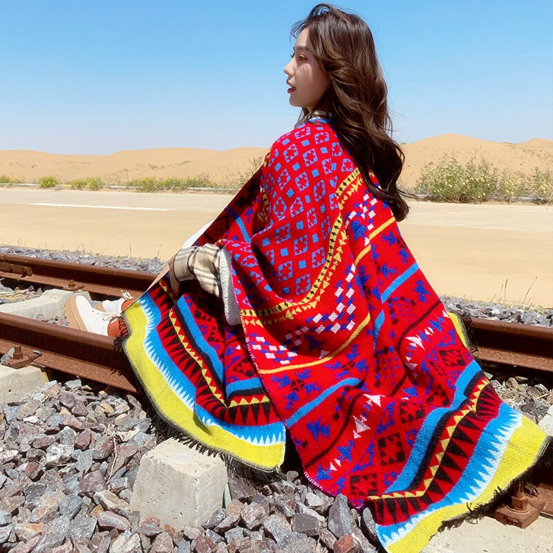 Winter Gypsy/Bohemian Floral Knitted Poncho with Tassels