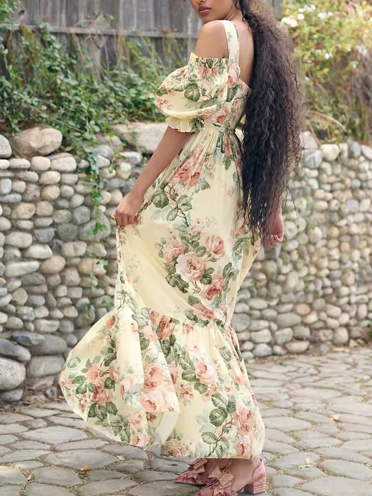 Bohemian Floral Printed Maxi Dress with Off The Shoulder Puff Sleeves and Tiered Ruffles