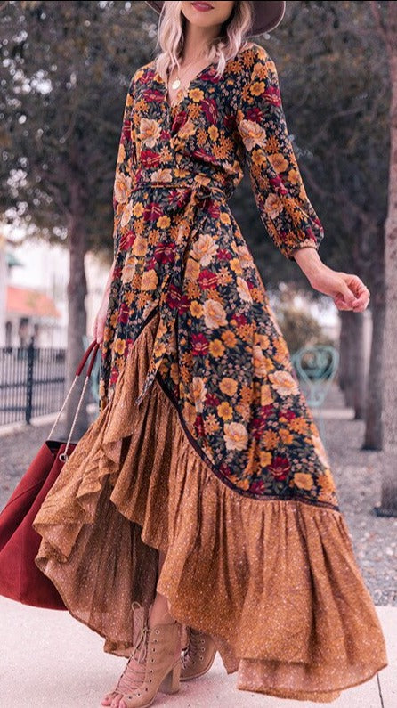 Gypsy/ Boho Floral Vintage Maxi Dress with Long Sleeves and Ruffles