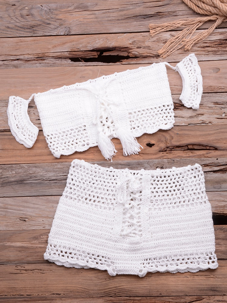 Bohemian Fashion Crocheted Beach Bikini Set, Off the Shoulder with Tassels