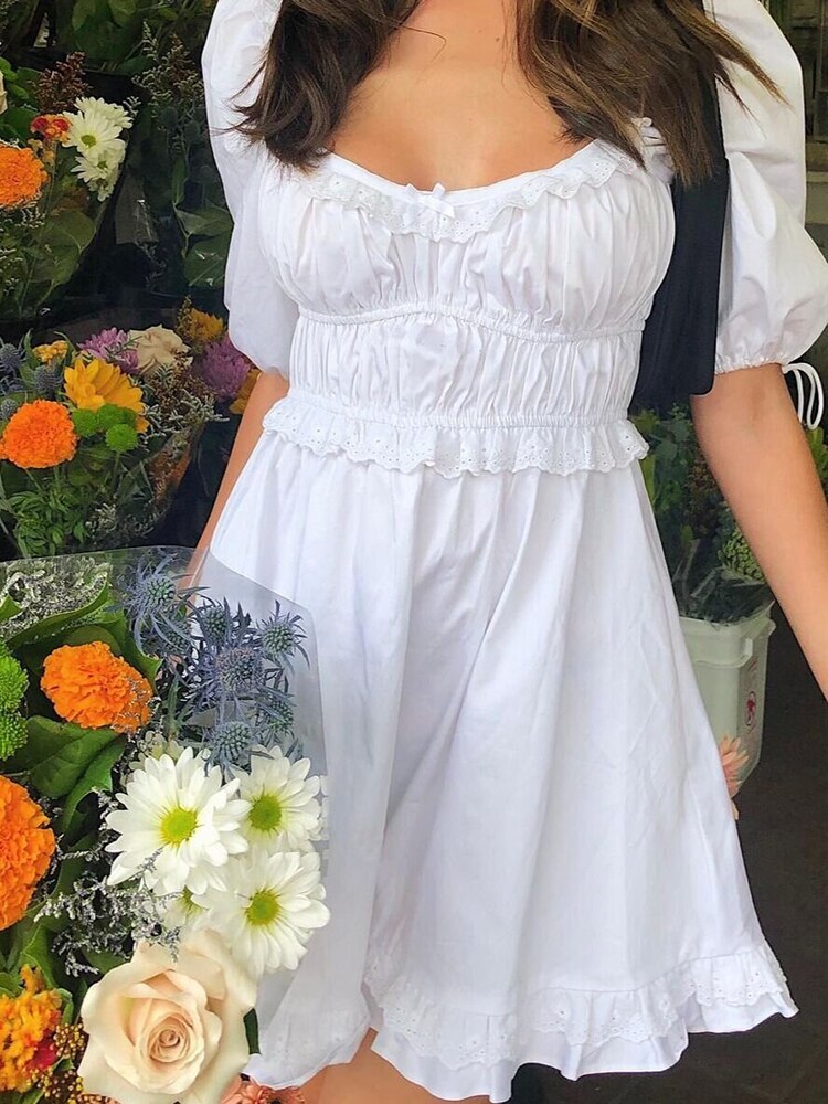 Gypsy White Smocked Mini Dress On or Off The Shoulder Puff Sleeves with Ruffles