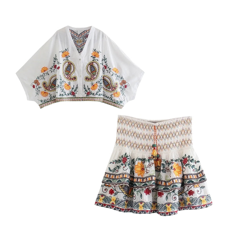 Gypsy Embroidered Paisley Printed Skirt and Blouse Sets with Batwing Sleeve and V-Neck Button Tiered Mini Skirt