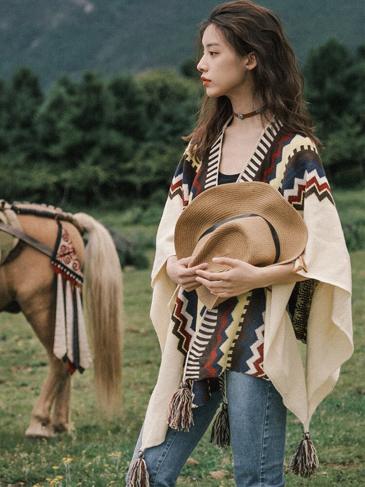 Winter Gypsy/ Boho Knitted Cape Poncho with Tassels