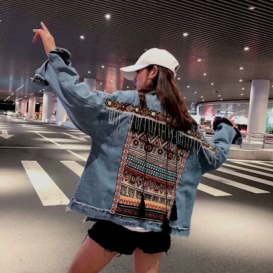 Winter Gypsy/Boho Floral Embroidered Denim Jacket with Embellishments and Tassels