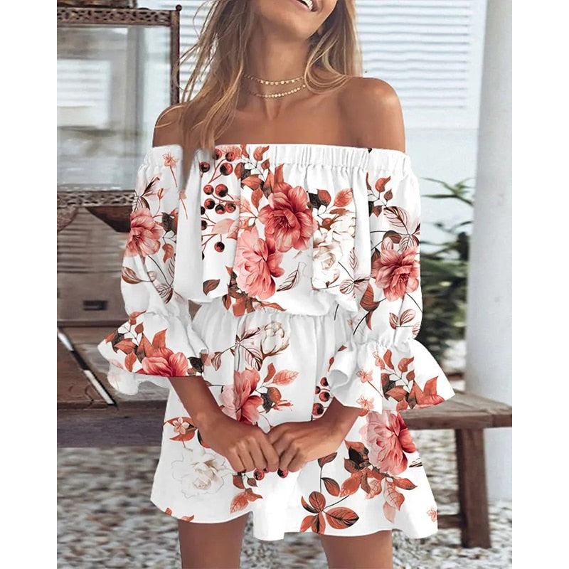 Boho Off The Shoulder Floral, Lace-Up Tunic Style Dress with Flare Batwing Sleeve