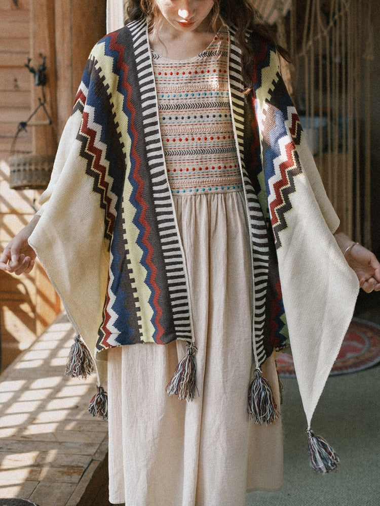 Winter Gypsy/ Boho Knitted Cape Poncho with Tassels