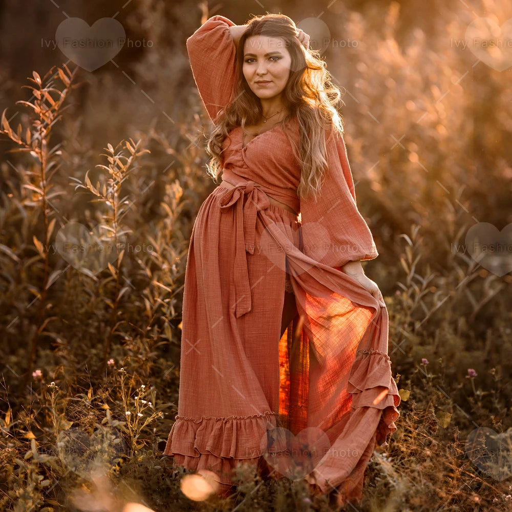 A. Linen Cotton Two Piece Boho Maternity Dress For Photo Shoots or Baby Showers