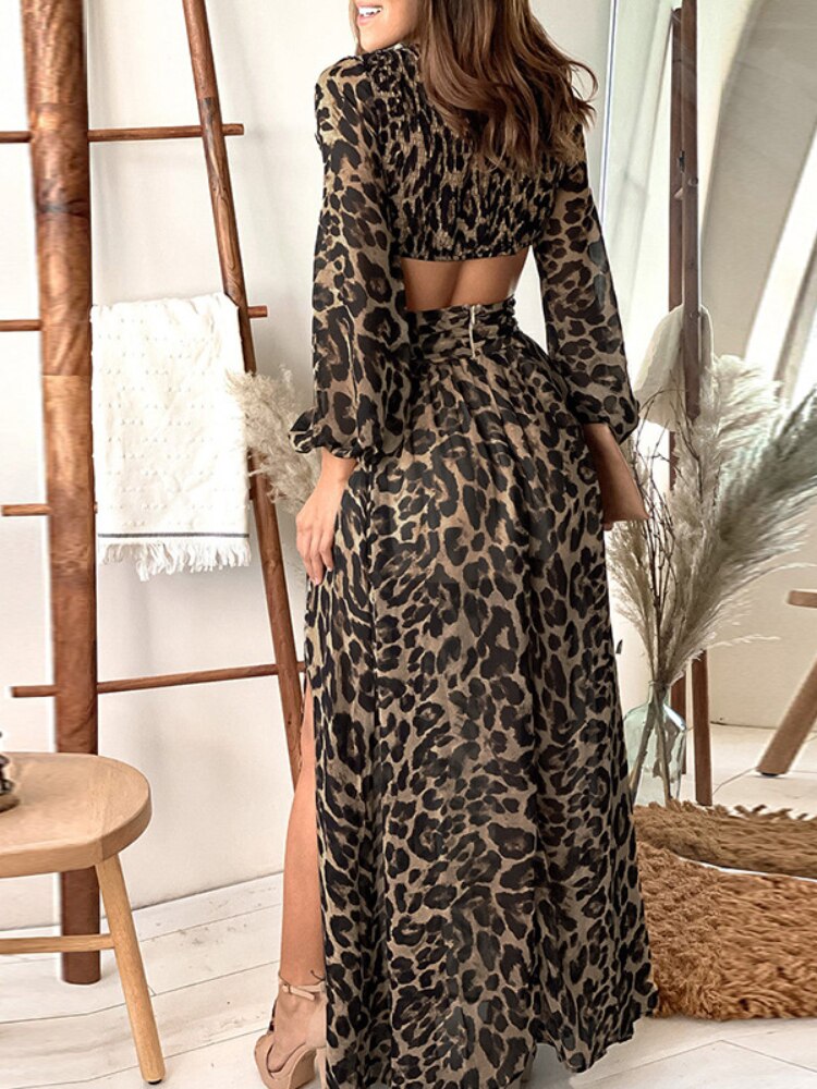 Boho Leopard Print Maxi Dress with Long Sleeves, Deep V-Neck and Side Slit