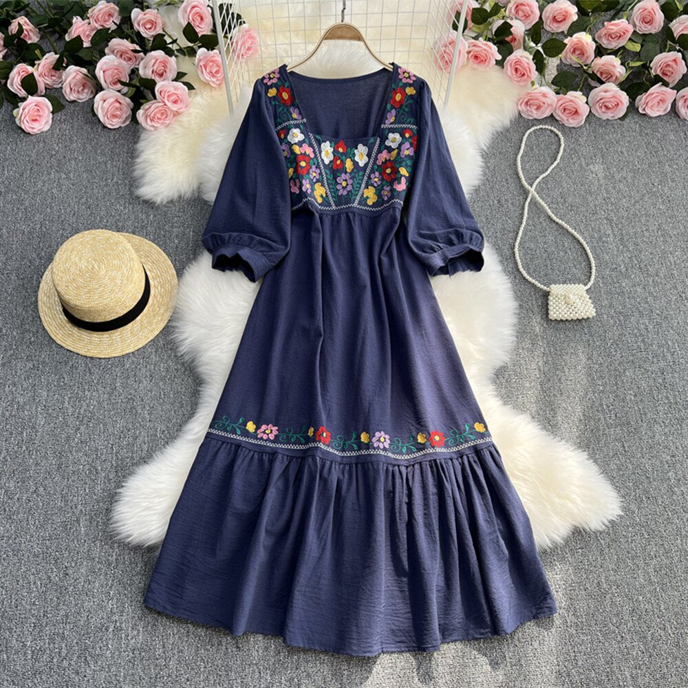 Vintage/ Boho Floral Embroidered Long Sleeve Sun Dress