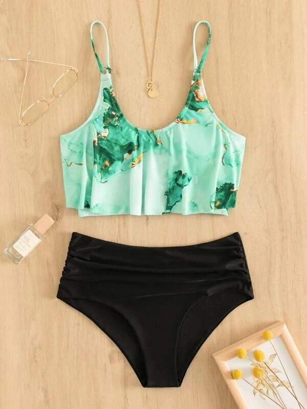 High Waist Tie Dye Two Piece Ruffle Bikini Set