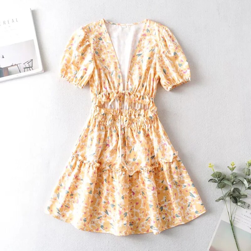 Gypsy Floral Printed Mini Dress with Deep V-Neck and Puff Sleeve