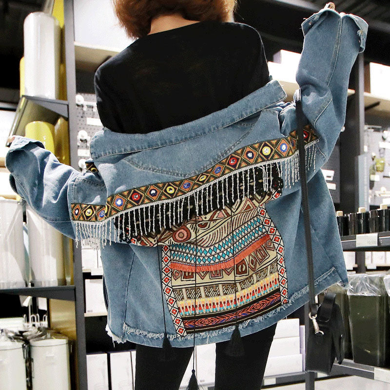 Winter Gypsy/Boho Floral Embroidered Denim Jacket with Embellishments and Tassels