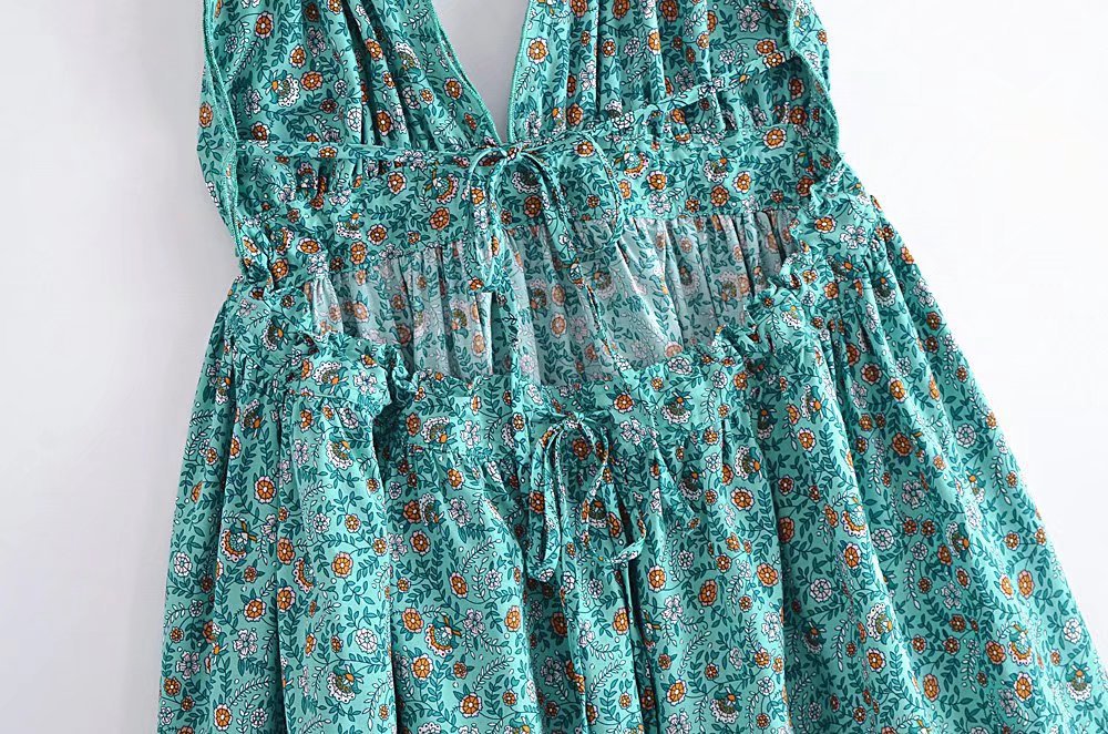 Boho A-Line Strapless Mini Dress with Halter Neck Backless Tie-Up