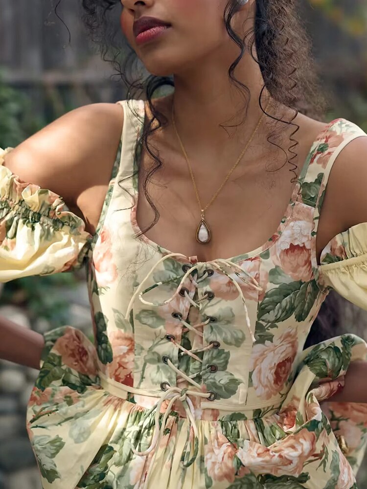 Bohemian Floral Printed Maxi Dress with Off The Shoulder Puff Sleeves and Tiered Ruffles