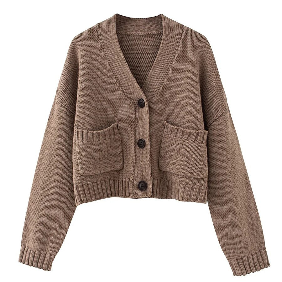 Winter Vintage/ Gypsy Knitted Cardigan Brown Autumn with V-Neck and Pockets