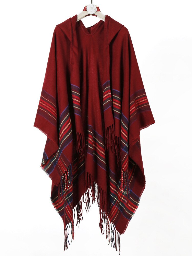 Winter Gypsy/ Boho Knitted Poncho with Hood and Tassels