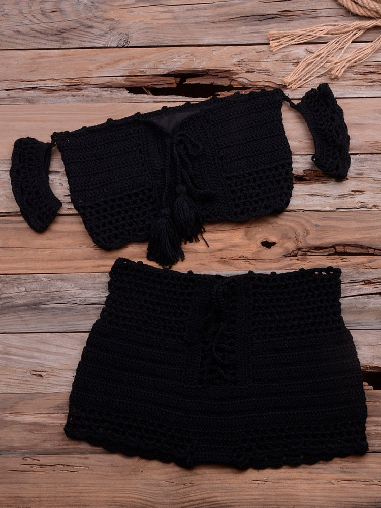 Bohemian Fashion Crocheted Beach Bikini Set, Off the Shoulder with Tassels