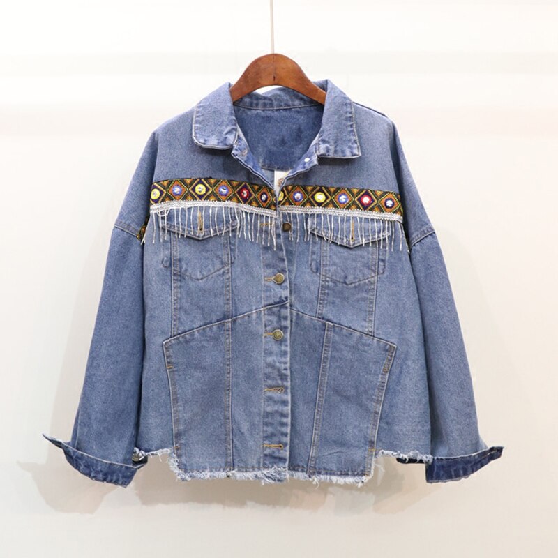 Winter Gypsy/Boho Floral Embroidered Denim Jacket with Embellishments and Tassels