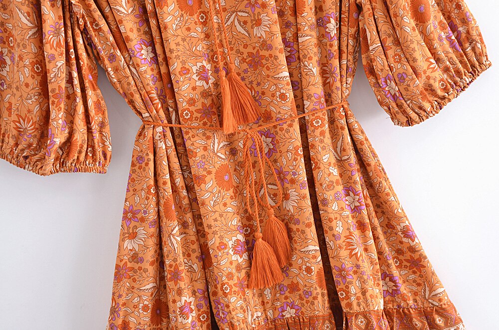 A. Boho Orange Floral Printed Mini Dress with Lantern Sleeve and Tassel