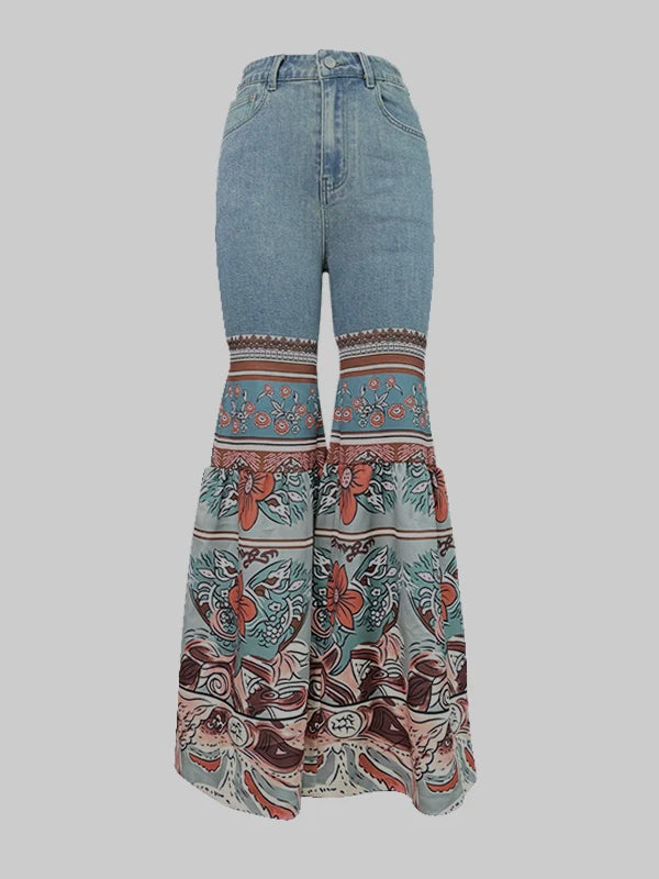 Vintage Boho Blue Jeans with Floral Printed Flare Bottoms and Pockets