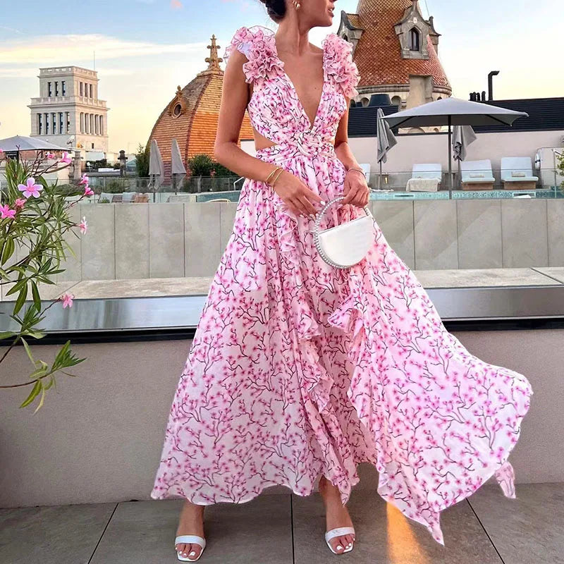 Elegant Floral Shoulder With Deep V-neck, Temperament Waist Ruffle and Tie-up Backless Party Dress