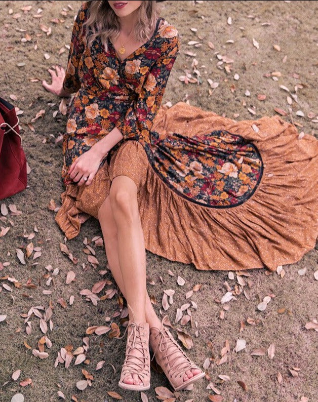 Gypsy/ Boho Floral Vintage Maxi Dress with Long Sleeves and Ruffles