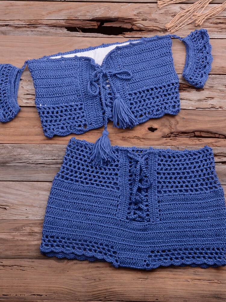 Bohemian Fashion Crocheted Beach Bikini Set, Off the Shoulder with Tassels