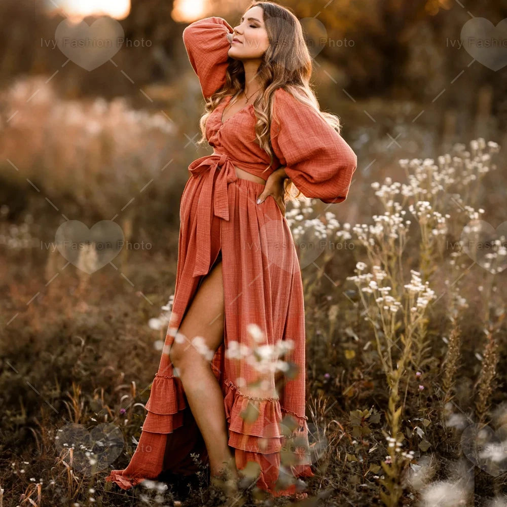 A. Linen Cotton Two Piece Boho Maternity Dress For Photo Shoots or Baby Showers