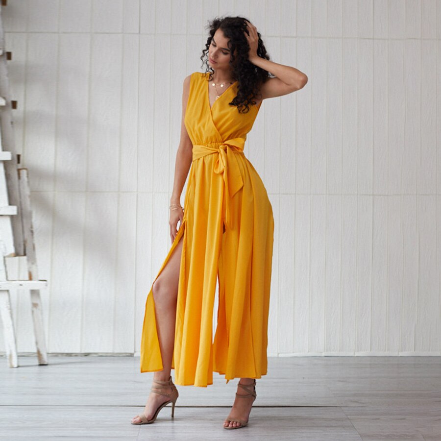 Boho V-Neck Sleeveless Lace Up Long Beach Style Maxi Dress with Split