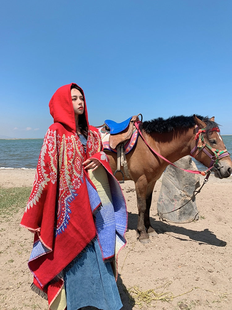 Winter Gypsy/ Boho Knitted Poncho Cape with Hood