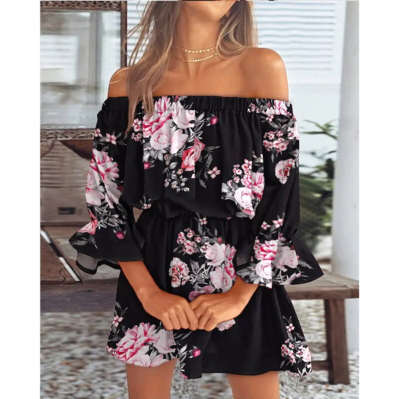 Boho Off The Shoulder Floral, Lace-Up Tunic Style Dress with Flare Batwing Sleeve