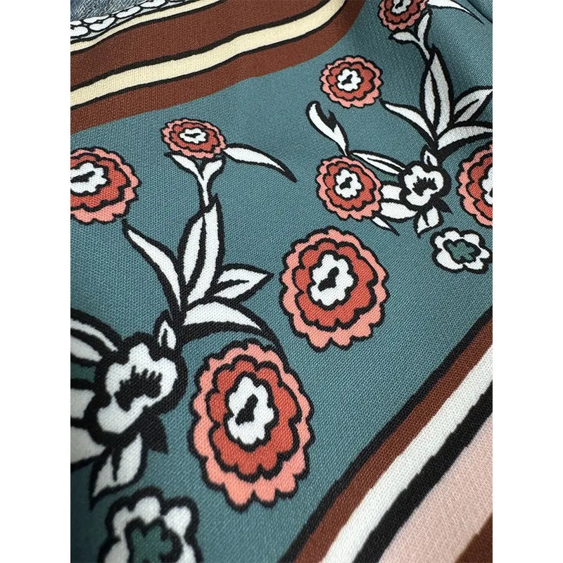 Vintage Boho Blue Jeans with Floral Printed Flare Bottoms and Pockets