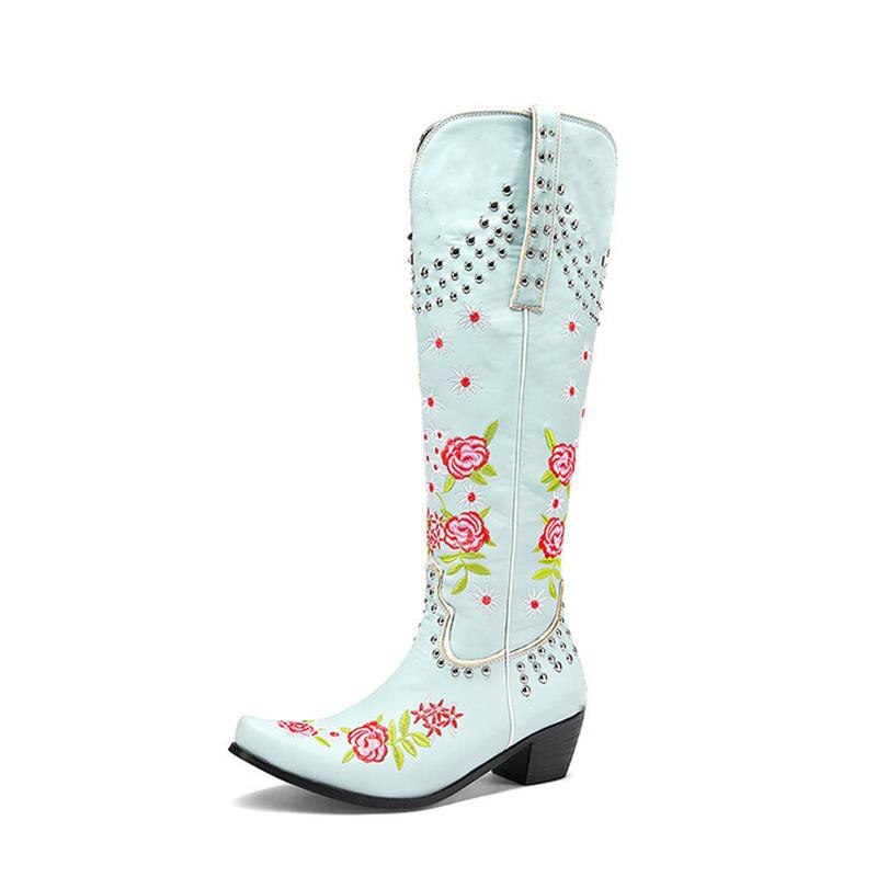 Women's Western Mid-Calf Boots with Retro Floral Embroidered Rivets and Multi-colours with Pointed Toe