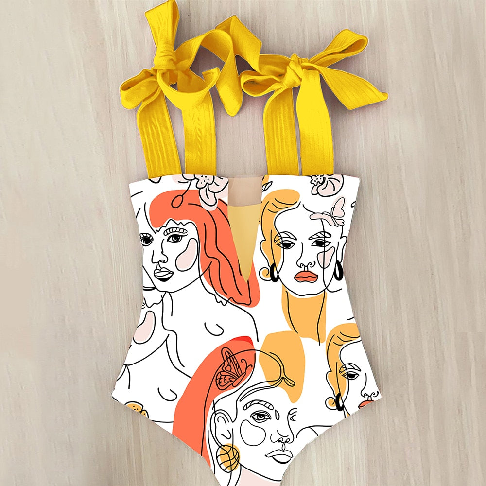 Vintage Style One Piece Monokini Swimsuit with Bow Shoulder Straps