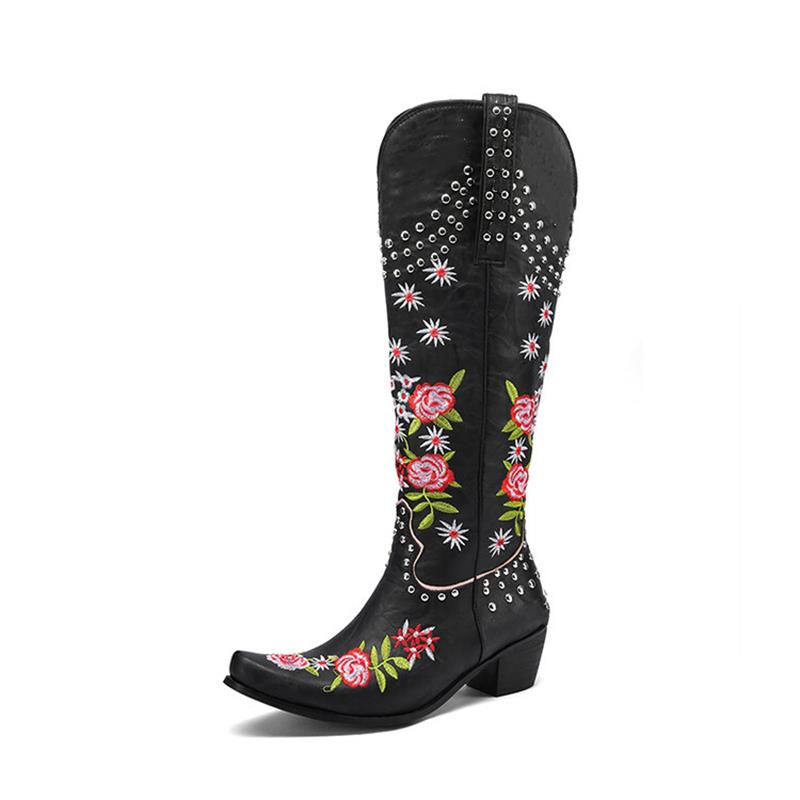 Women's Western Mid-Calf Boots with Retro Floral Embroidered Rivets and Multi-colours with Pointed Toe