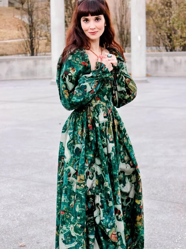 Gypsy/ Boho Floral Printed Maxi Dress with Green Ruffles and Puff Sleeves